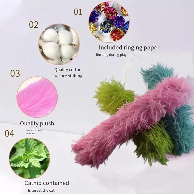 Catnip Toys with 3Pcs Cat Toys - Skin-Friendly Pillow Kicker Toy for Indoor Cats with Crinkle Paper, Catnip & Teething Soother (Pink/Green/Blue)-Mewly Pet