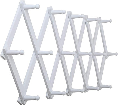 WEBI Accordion Wall Hanger,Expandable Wooden Coat Rack Wall Mounted,Accordion Hat Rack for Wall Rack for Hats,Caps,16 Peg Hooks,White