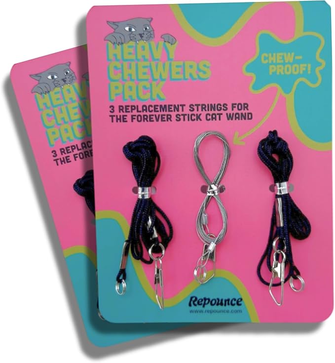 Replacement Strings for Cat Wand Toy - 3-Pieces - Chew-Proof Metal String Wire and 2 Durable Paracord Strings - Heavy Chewers Pack Cat Wand Toy Refill Strings (6 Replacement Strings)-Mewly Pet