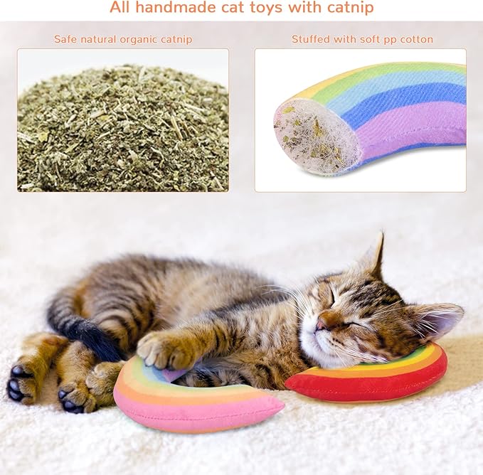 Cat Toys Rainbow Pillows, Catnip Toys for Indoor Cats Kitten, Soft and Durable, Interactive Cat Nip Chew Teeth Toy Kitty Kicker Toys 2 Pack-Mewly Pet