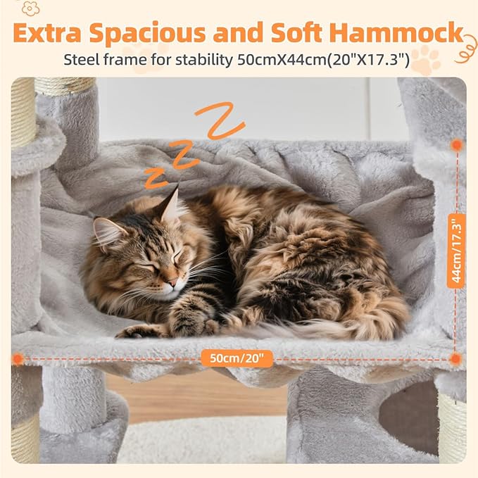 Taoqimiao Cat Tree 71-Inch, Cat Tower for Indoor Cats Large Adult, Multi-Level Large Cat Condo, 8 Sisal Scratching Posts, Metal Frame Cozy Hammock, Scratch Board, 2 Top Perches, Light Gray MS026LW-Mewly Pet
