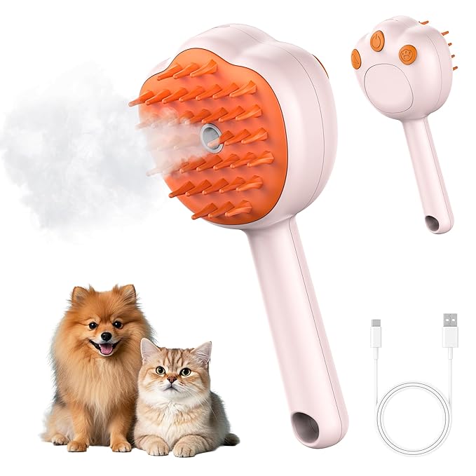 Steam Cat Brush, 6-in-1 Dog Brush Spritz Defur Comb, Steamy Skin Friendly Deshedding Grooming Tool, Suitable for Shedding & Haired Pets, Pet Supplies Accessories,Pink-Mewly Pet