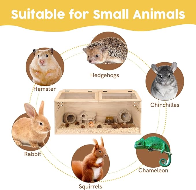 Snowtaros Wooden Hamster Cage, Large Hamster Cages and Habitats Chewproof, with 2 Openable Acrylic Top, Small Animal Cage for Mouse Gerbil Quail Dwarf Syrian Hamsters (31.5" L*15.7" W*15.7" H)-Mewly Pet