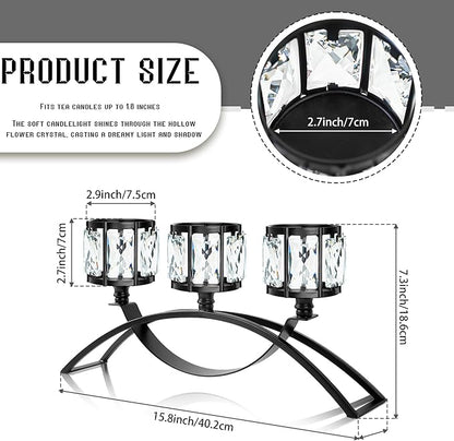 Black 3-Arm Crystal Candle Holders Arched - Elegant Tabletop Candelabra Centerpiece for Weddings, Dining Room Decor, Modern Home & Cabinet Display Housewarming