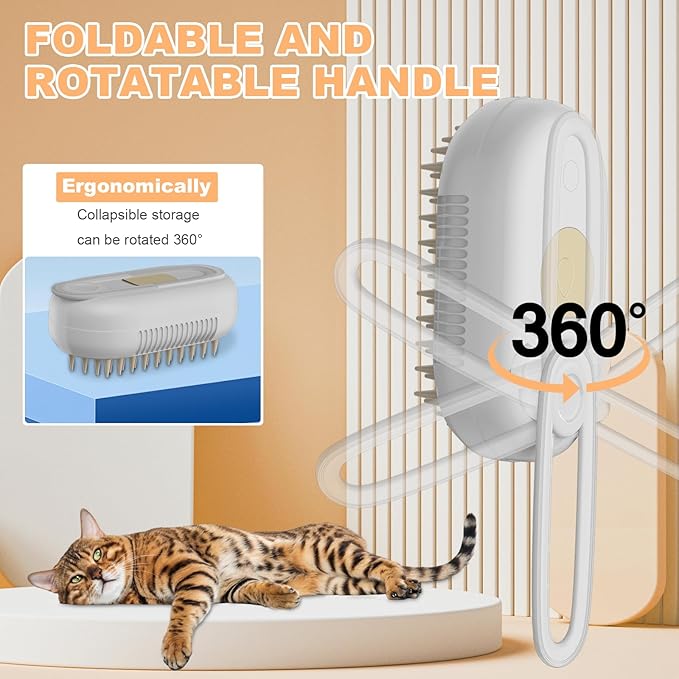 4 in 1 Cat Steam Brush for Shedding，Rechargeable Steam Pet Brush With Rotating Handle for Massaging, Self-Cleaning, and Pet Hair Removal for Long and Short Hair of Cat and Dog （Beige）-Mewly Pet