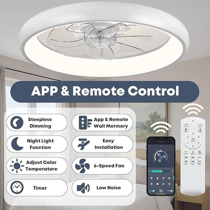 20'' Ceiling Fan with Light, Upgraded Low Profile Fan, Flush Mount Ceiling Fan, 6 Speeds, Dimmable LED, App & Remote Control, Quiet DC Motor, for Bedroom, Living Room, F109 White