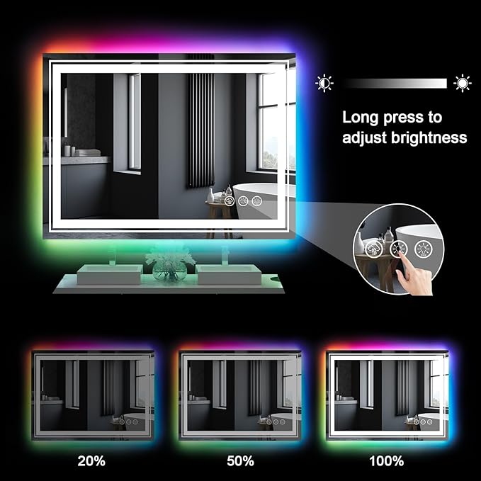 LED Mirror for Bathroom, 48"X30" with 8 RGB Backlit +3 Front Lit (Adjustable Individually), Anti-Fog, Large Lighted Bathroom Vanity Mirror for Wall,Shatterproof,Memory Function,Tempered Glass