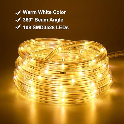 LED Rope Lights, 16ft Warm White Strip Lights, Connectable and Flexible Tape Lights with Fuse Holder, Clear Thick PVC Jacket and High Brightness Advanced LEDs, Waterproof for Indoor Outdoor Use