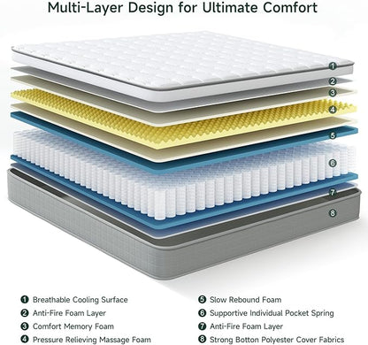 Vesgantti Queen Mattresses, 12 Inch Innerspring Hybrid Queen Size Mattress, Pressure Relief Pocket Spring Bed Mattress in a Box with Breathable Memory Foam, Medium Firm Plush, CertiPUR-US