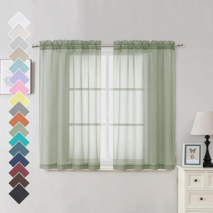 OVZME 2 Panels Window Sage Green Sheer Curtains 42" x 45" Inches for Small Windows, Soft Touching Top Dual Rod Pocket Drapes for Living Room & Bedroom