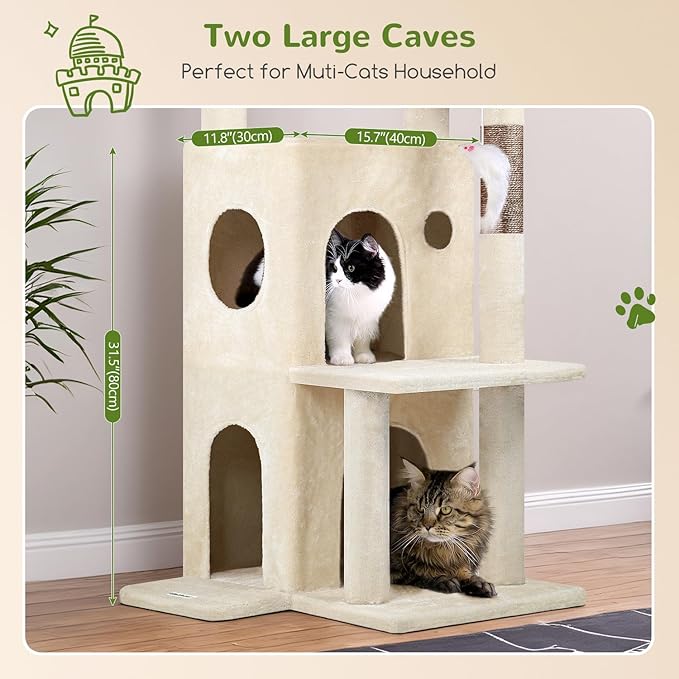 Globlazer Cat Tree Tower for Indoor Cats, 50-inch Adult Cat Tree House for Large Adult Cats with Steps, Scratching Post, 2 Cat Caves, Dangling Toys, FC50, Beige-Mewly Pet