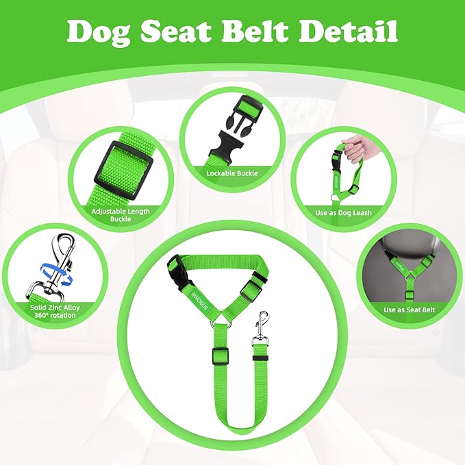 BWOGUE 2 Packs Dog Cat Safety Seat Belt Strap Car Headrest Restraint Adjustable Nylon Fabric Dog Restraints Vehicle Seatbelts Harness Green-Mewly Pet