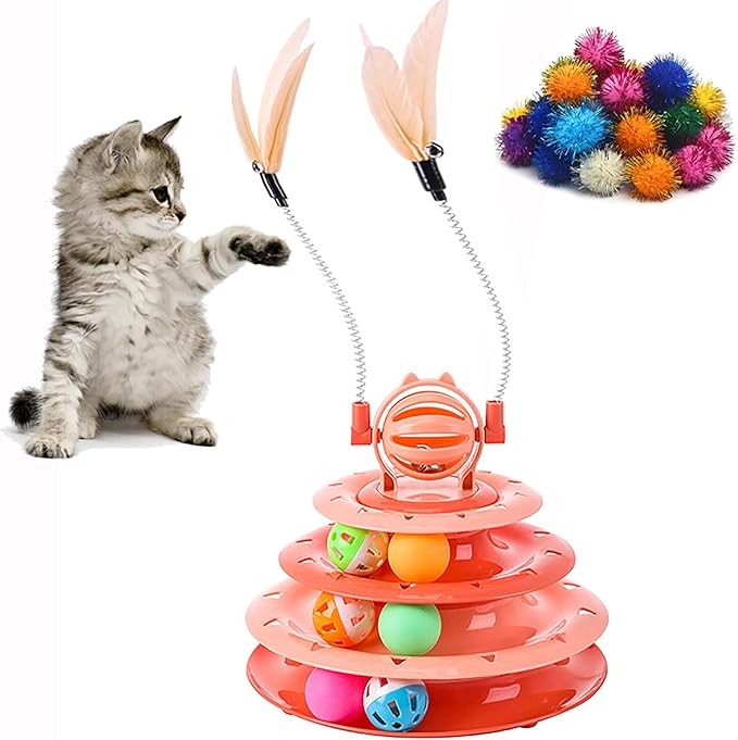 Vealind Cat Toy Roller 4-Level Turntable Cat Toys Balls with Colorful Pom Pom Balls Interactive Fun Mental Physical Exercise Puzzle Kitten Toys (Orange)-Mewly Pet