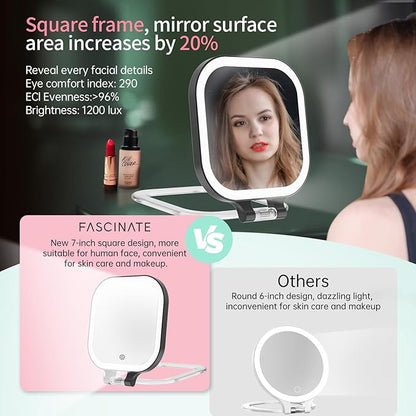 FASCINATE 20X Magnification Rechargeable Travel Makeup Mirror, 7" Lighted Portable Vanity Mirror with 3 Colors Lighting & Stepless Dimming, Double Sided LED Mirror, Gift for Women (Black)