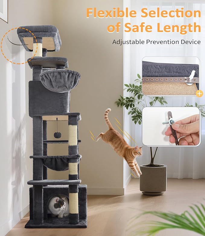 Cat Tree Large Cat Tower Tree 68" Multi-Level Cat Tower for Indoor Cats with Sisal Scratching Posts, Widen Cat Perche, Square Hammock, 2 Widen Condos, Scratching Posts, Grey-Mewly Pet