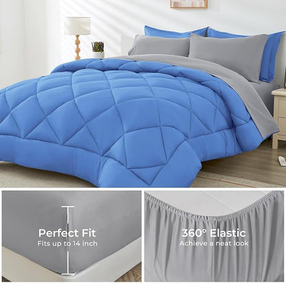 HEVUMYI Royal Blue & Light Grey Cali-King Comforter Set - 7-Piece All Season Bed in a Bag Cali-King, Ultra Soft Bedding Set with Comforter, Flat Sheet, Fitted Sheet, Pillowcases, Pillow Shams, Blue