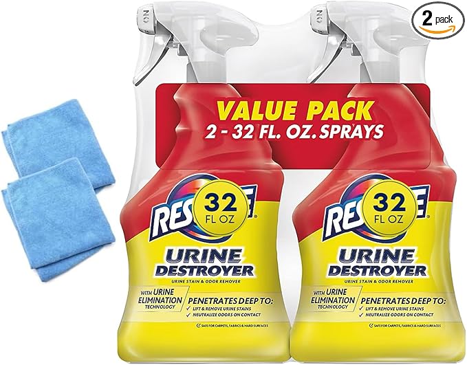 Urine Destroyer Spray – Pet Stain and Odor Remover, Carpet Cleaner Solution for Cat and Dog Urine, Compatible with Resolve, 32 Fl Oz Bundle With 2x Microfiber Cleaning Cloth 14x14-Mewly Pet