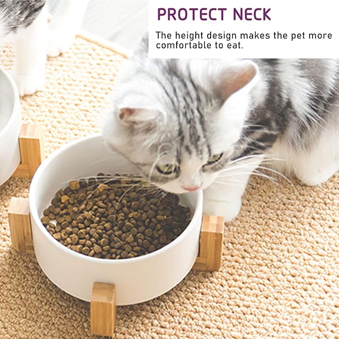 Petygooing Ceramic Dog Cat Bowl Set with Stand, Pet Dog Food and Water Dish,Medium Pet Bowls Anti Slip Set of 2 Cat Bowls-White Pet Food Bowl- Small Medium Size Pet (28 OZ /3.6 Cups)-Mewly Pet