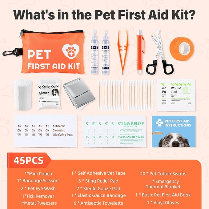 Portable Dog First Aid Kit with Hook - Water Resistant Pouch for Hiking, Camping, Daily Family Use, Travel, Pet Safety, Thoughtful Gift for Pet Owners (45pcs Standard Version)-Mewly Pet