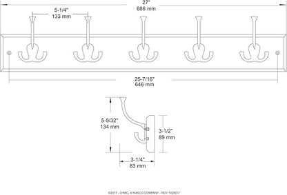 Liberty Hardware 129848 Wall Mounted Coat Rack with 5 Decorative Hooks, 27-Inch, Satin Nickel and White