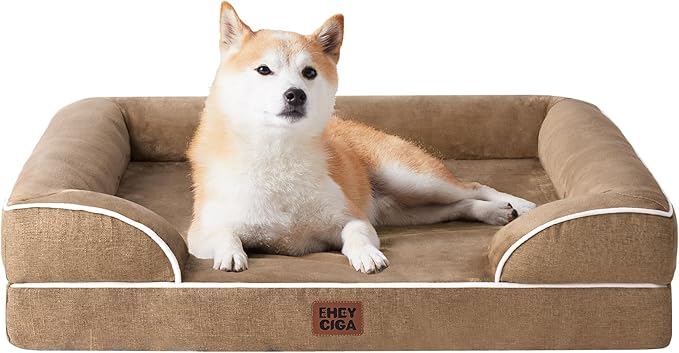 EHEYCIGA Orthopedic Dog Beds for Large Dogs, Waterproof Memory Foam Large Pet Bed with Sides, Non-Slip Bottom and Egg-Crate Foam Dog Couch Bed with Washable Removable Cover, Camel-Mewly Pet