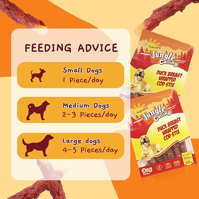 Jungle Calling Duck Wrapped Cod Sticks Dog Treats, Rawhide Free Training Rewards Snacks for Dogs, Natural Chewy Sticks Treats, 10.6oz-Mewly Pet