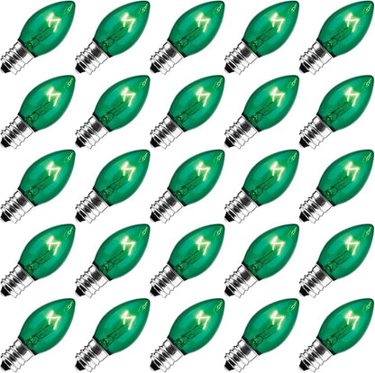 Brightown 25-Pack C7 Christmas Replacement Bulbs, C7 Green Incandescent Bulbs for Christmas Light Strings, E12 Candelabra Base, 5 Watt