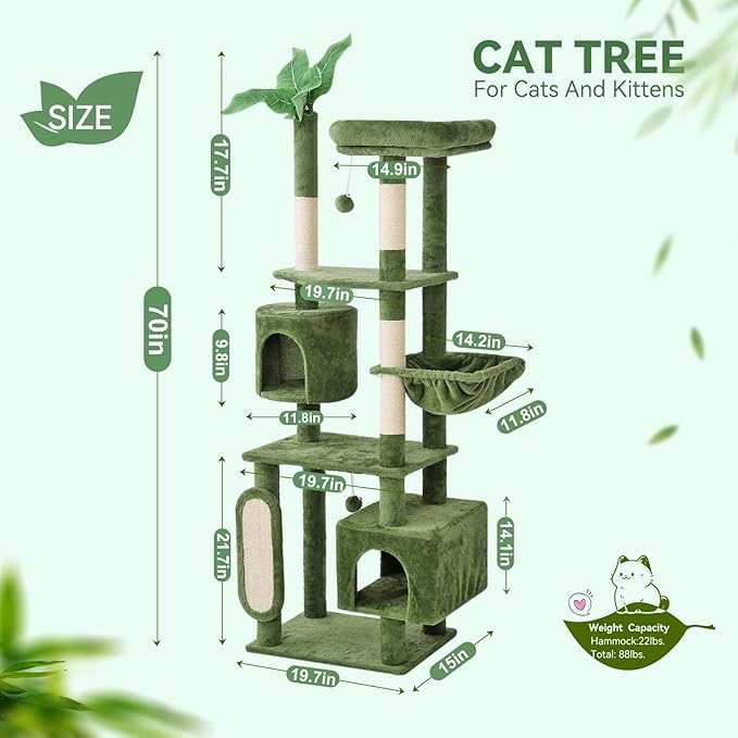 Hoopet 70-Inch Large Cat Tree for Multiple Cats Cat Tower with 2 Condos, Scratching Posts, Hammock & Platform, Plush Perch for Indoor Activity Relaxing Easy Assembly Green-Mewly Pet