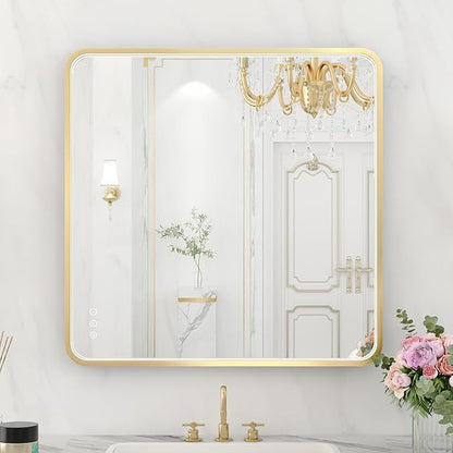 LED Bathroom Mirror with Lights, 32x32 Inch Gold Metal Framed LED Mirror for Bathroom, 3 Colors and Stepless Dimmable Wall Mounted Lighted Bathroom Vanity Mirror, Anti-Fog, Memory