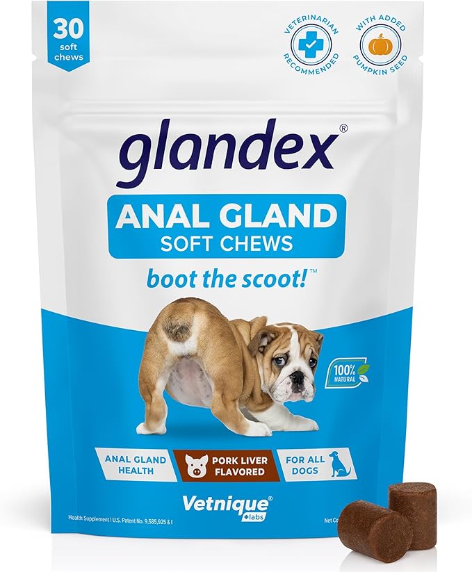 Vetnique Labs Glandex Anal Gland Soft Chew Treats with Pumpkin for Dogs Digestive Enzymes, Probiotics Fiber Supplement for Dogs Boot The Scoot (Bacon/Pork Chews, 30 Count)-Mewly Pet