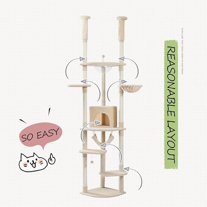 PEQULTI Floor to Ceiling Cat Tree 92.9’’-101.6’’ Height Adjustable Cat Tower Tall Kitty Climbing Play House with Scratching Posts, Cozy Condo, Perches and Large Hammock for Indoor Cats Beige-Mewly Pet