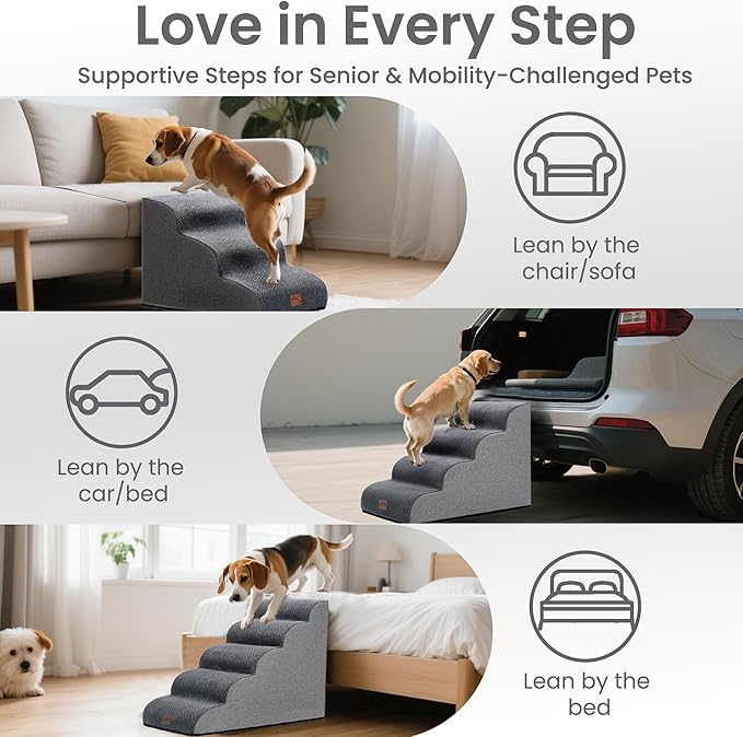 GoGoBunny Ramp Dog Stairs for High Beds 22.6" H, 5-Step Dog Slope Stairs with Durable Waterproof Fabric Cover, Pet Steps for Old Large Dogs Climbing, Non-Slip Sturdy Indoor Step, Grey-Mewly Pet