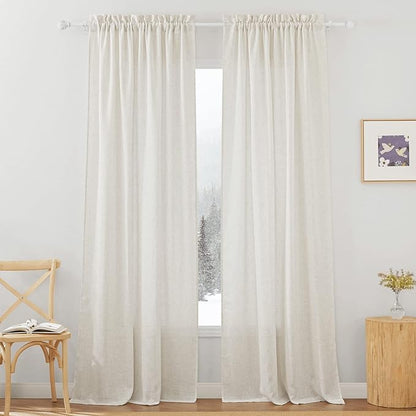 RYB HOME Linen Sheer Curtains - Semi Sheer Light Filtering Sheer Privacy Curtains, Country Rustic Window Curtains Draperies for Living Room Bedroom Patio Doorway, W 52 x L 95, 2 Panels, Linen