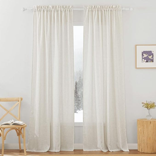 RYB HOME Linen Sheer Curtains 84 inches Long, Semi Sheer Curtains for Living Room Bedroom Privacy Soften Sunlight Drapes for Farmhouse Cafe Dining Room, W 52 x L 84, Linen, 2 Panels