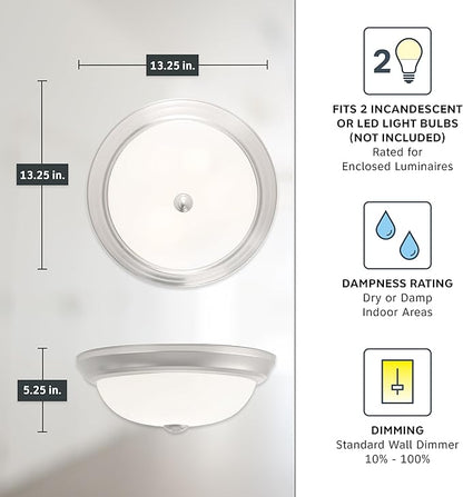 DESIGNERS FOUNTAIN Reedley 2-Lights Flush Mount Ceiling Light, 13 Inch Lighting Fixture for Kitchen, Bedroom, Bathroom, and Hallway, Pewter/White with Etched Glass, 1257M-PW-W