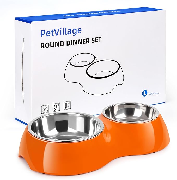 Elevated Dog Bowls Set - Non-Slip Raised Pet Feeder with Medium (10 oz) & Large (20 oz) Stainless Steel Bowls - Includes Durable Resin Stand for Puppies, Adult Dogs & Cats - Orange-Mewly Pet
