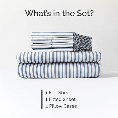 Cal King 6 Piece Sheet Set - Comfy Breathable & Cooling - Soft Hotel Luxury Bedding Set w/ 8-16 Inch Deep Pockets - 1 Flat & 1 Fitted Sheet & 4 Pillowcases - Wrinkle Free & Easy Care - Blue Stripes 2