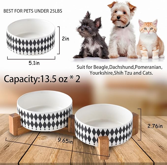 Petygooing Ceramic Dog Cat Bowl Set with Stand,Pet Food and Water Bowl,Small Dog Bowls Anti -Slip Set of 2 Cat Dishes Food Bowls Dish Small Size Pet (13.5OZ/5.1 in) Black Rhombus-Mewly Pet