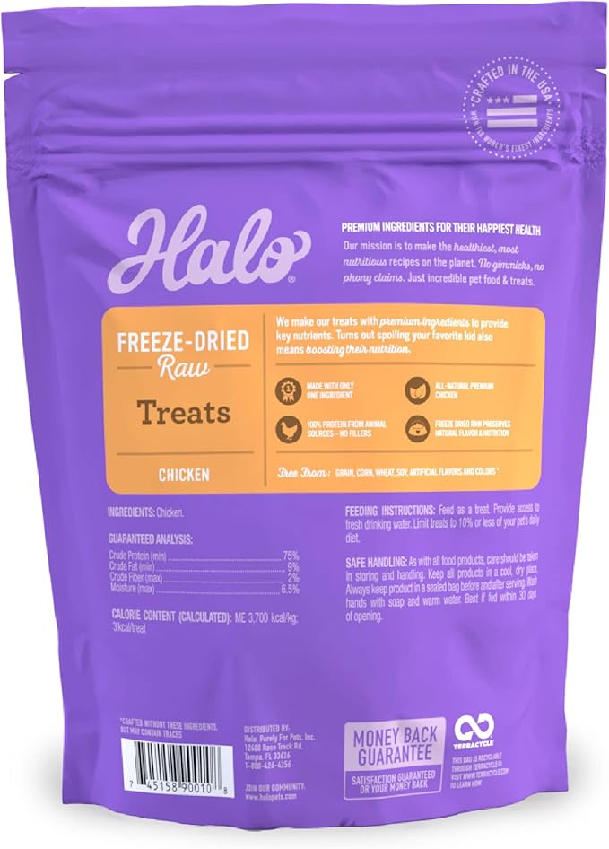 Halo Freeze Dried Raw Cat Treats, 100% Chicken Breast Recipe, Cat Treats Pouch, All-Natural High Protien Treat, 2.2 Oz Pouch-Mewly Pet