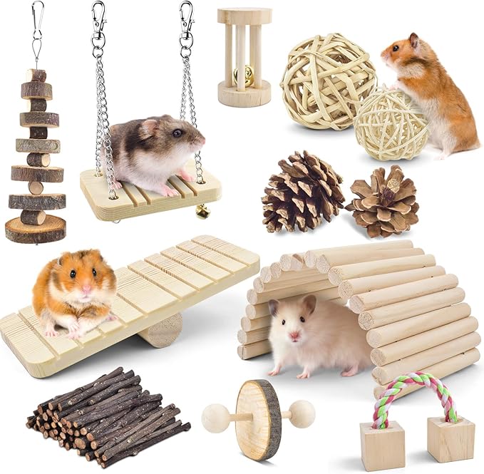 ERKOON New 12 Pack Hamster Chew Toys Gerbil Rat Guinea Pig Chinchilla Chew Toys Accessories, Natural Wooden Dumbbells Exercise Bell Roller Teeth Care Molar Toy for Rabbits Bird Rabbits Hamster Gerbil-Mewly Pet