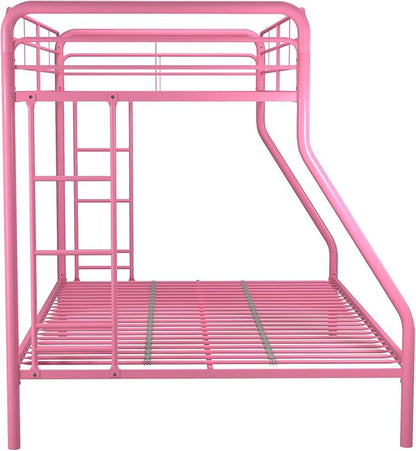 DHP Dusty Metal Bunk Bed Frame, Twin-Over-Full for Kids, Teens, Adults, Angled Ladder, Guardrail, No Boxspring, Small Spaces, Pink