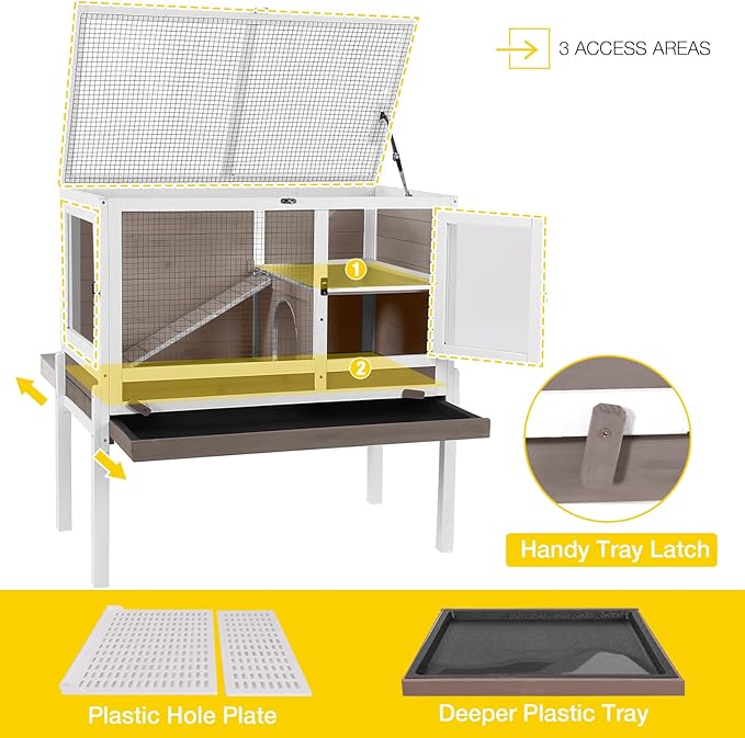 Aivituvin Rabbit Hutch with Stand Wooden Bunny Cage Indoor 2 Story Guinea Pig House with Anti Chew Ramp, No Leak Tray, Hideout, Wire Mesh (Brown)-Mewly Pet