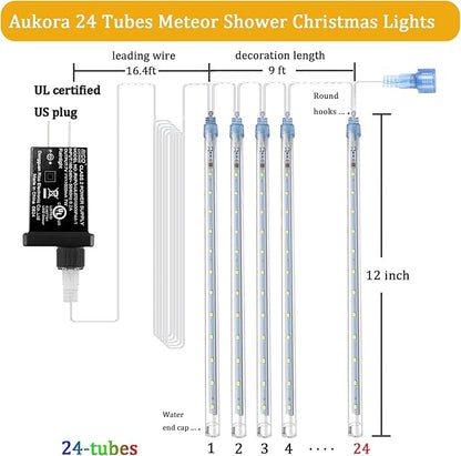 Aukora White Christmas Lights Outdoor, UL Plug 24 Tubes 576 LEDs Meteor Shower Light, Tandemable Icicle Snow Falling Rain Light for Xmas Tree Halloween Decorations Wedding Party Holiday Garden Decor