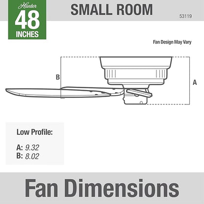 Hunter 48 inch Outdoor or Indoor Ceiling Fan No Light - Low Profile Mount, White Ceiling Fan without Light, For Patio, Porch, Garage, or Living Room, 5 Blades, Pull Chain - Sea Wind 53119, White
