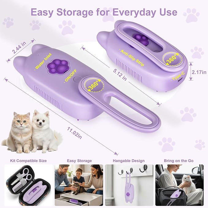 Rechargeable Cat Steam Brush with Mist Spray, 3-in-1 Pet Steam Brush for Long and Short Haired Cats and Small Dogs, Anti-Static, De-Shedding, Detangling, Massage, Purple Cat Design-Mewly Pet