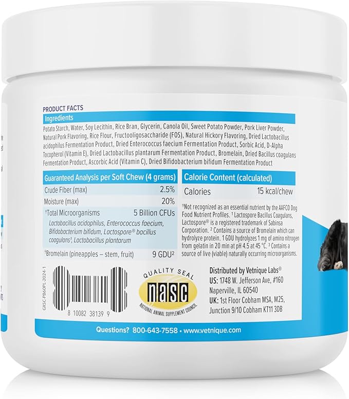 Vetnique Glandex Daily Probiotics for Dogs with Prebiotics to Support Gut Health with Fiber and Digestive Enzymes, Probiotic Chews or Powders (60ct Chews, Bacon Chews)-Mewly Pet