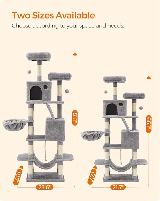 Feandrea Cat Tree, 81.1-Inch Large Cat Tower with 13 Scratching Posts, 2 Perches, 2 Caves, Basket, Hammock, Pompoms, Multi-Level Plush Cat Condo for Indoor Cats, Light Gray UPCT190W01-Mewly Pet