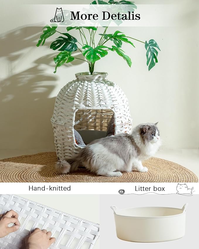 Cat Litter Box Plant Enclosure, Hidden Handwoven Rattan with Cat Litter Box Furniture and Artificial Plants, Odor Control Filter, Real Stones in Living Room, Bedroom, Corner (White)-Mewly Pet
