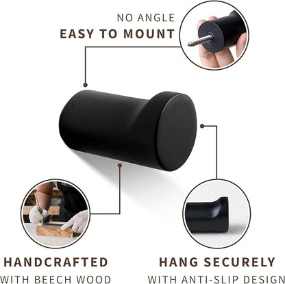Wooden Black Wall Hooks - Pack of 4 - Wall Mounted Decorative Hook - Modern Wood Pegs for Hanging Hat, Coat, Towel - Purse and Backpack Hanger for Entryway