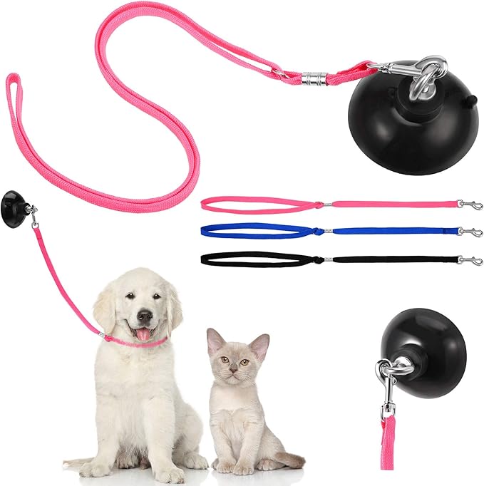 Frienda 4 Pieces Dog Bathing Tether with Suction Cup Pet Dog Grooming Tub Restraint Loops and Adjustable Cat Fixed Safety Rope for Pet Shower Bathing Grooming(Blue Black Pink)-Mewly Pet